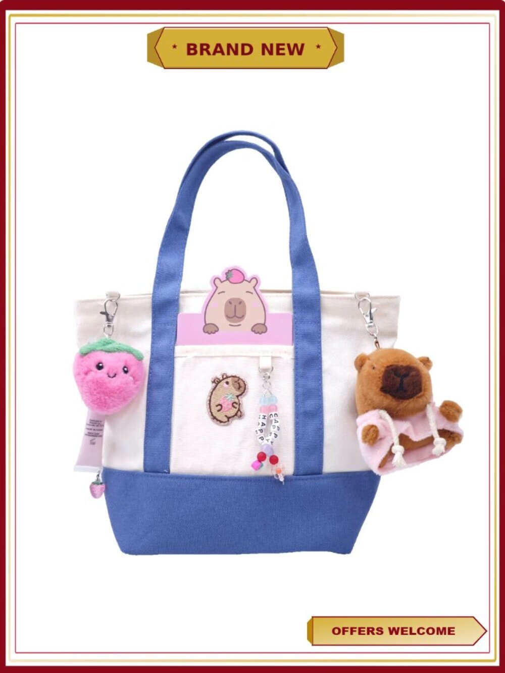 Canvas Mini Tote Bag for Kids with Plush Keychain and Beaded Charm - School